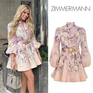 NWT $850 Zimmermann Lyrical Buttoned Floral Linen Mini Dress AU 0